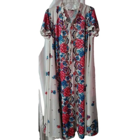 Village Fair White Floral Robe Large  / XL 16 - 22 Kaftan House Dress Length 52" - Picture 11 of 11